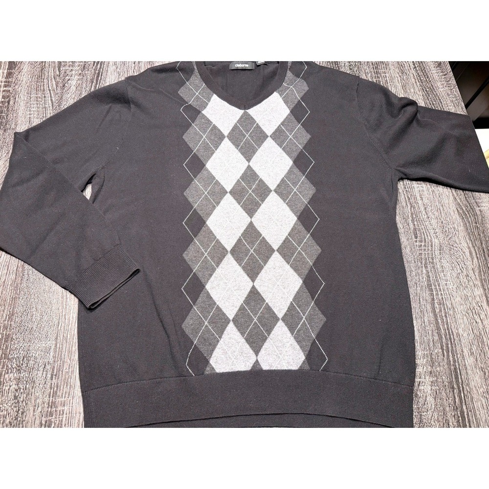 Claiborne‎ Argyle Sweater Black Gray Diamond Knit XXL Grandpacore